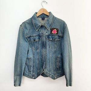 Harley Davidson Biker Blues Women’s Vintage Embroidered Patches Zip Jean Jacket